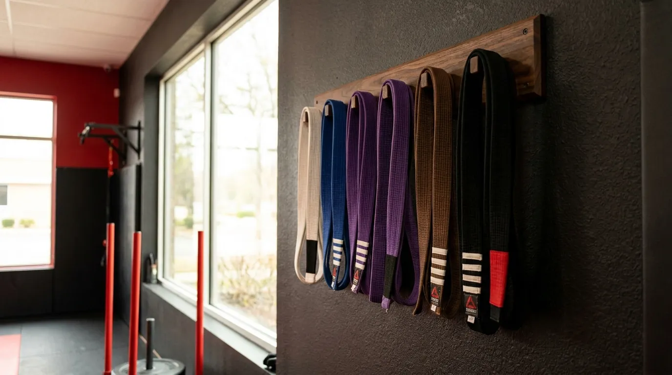 Brazilian Jiu Jitsu belts in rank order on a wooden wall rack