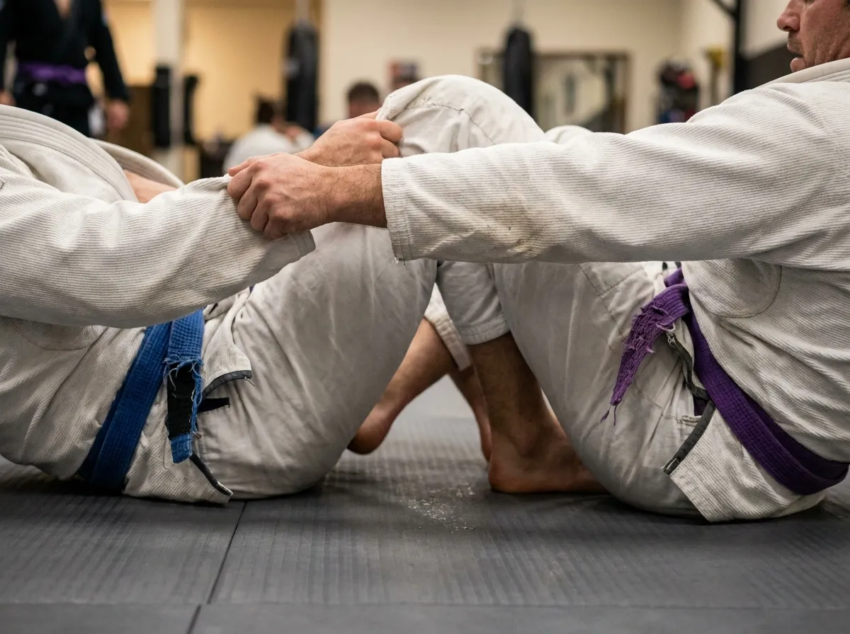An adult Brazilian Jiu Jitsu student's feet and gi pants on the mat