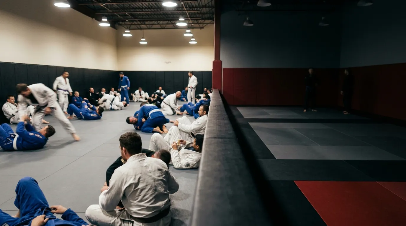 Brazilian Jiu Jitsu academy training floor in the evening at Sampson Jiu Jitsu Academy in Southlake