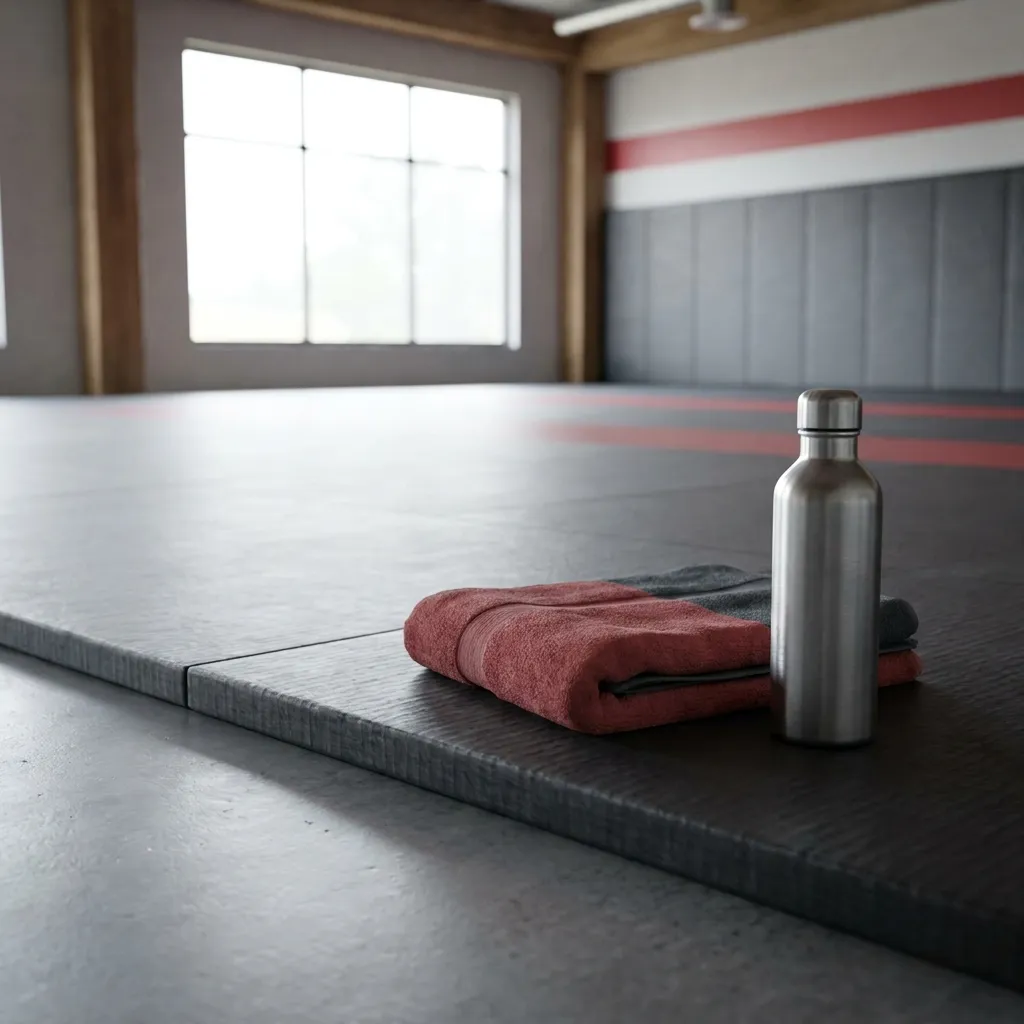 A water bottle and towel on a studio bench
