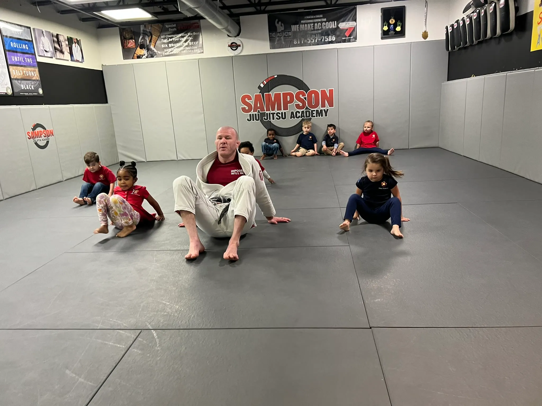 Brazilian Jiu Jitsu academy training floor in the evening at Sampson Jiu Jitsu Academy in Southlake