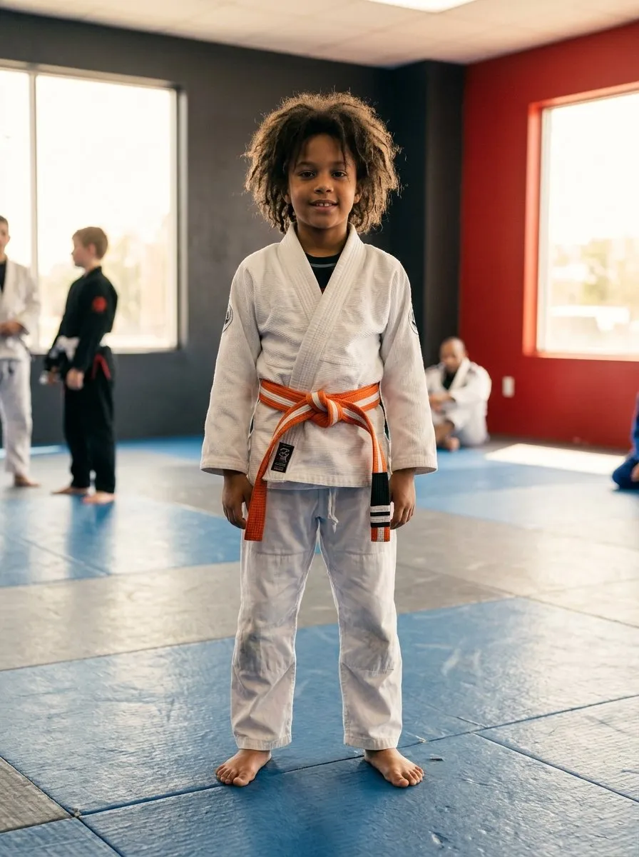 Student in a Brazilian Jiu Jitsu gi standing tall and confident in a training room