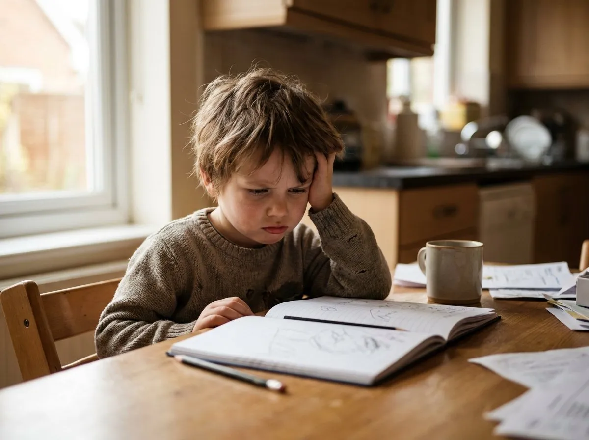 Child sitting at a kitchen table looking discouraged