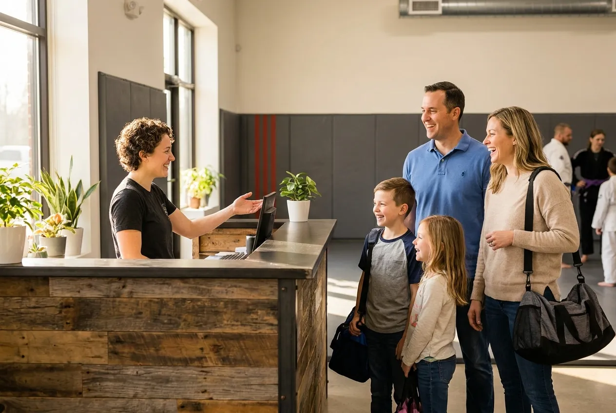 New student being welcomed at the front desk at Sampson Jiu Jitsu Academy in Southlake